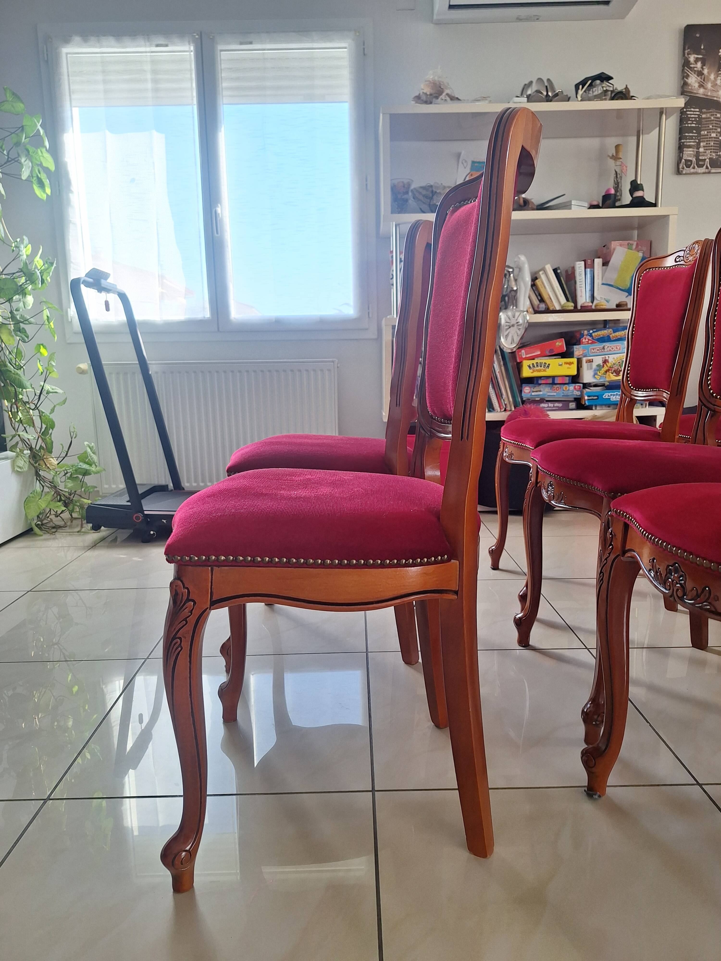 superb set of (8/10) Louis XV chairs in solid cherry with burgundy velvet