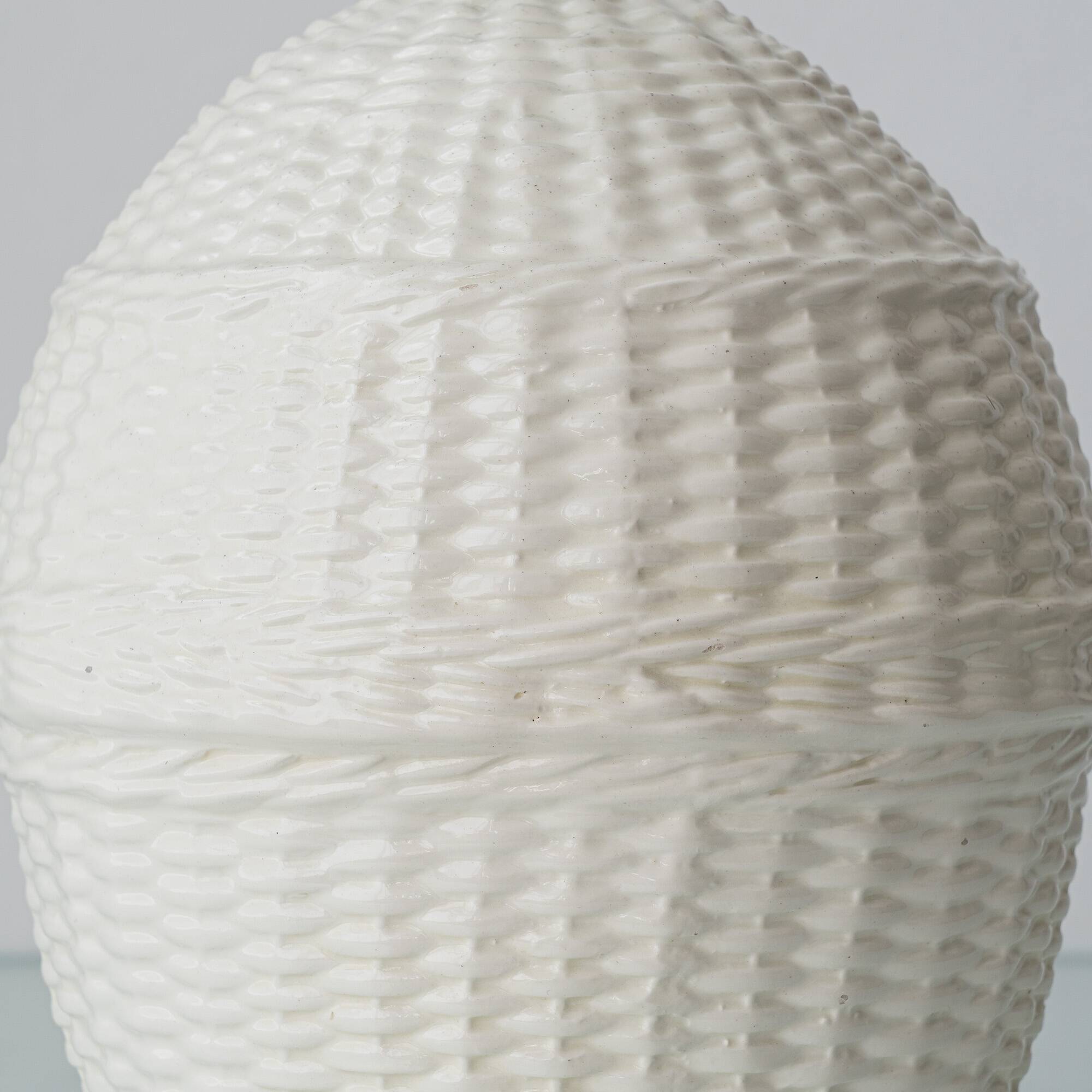 Pair of white ceramic table lamps with faux wicker texture, Spanish coastal design, 1970s