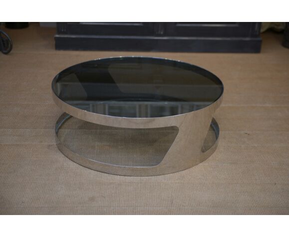Coffee table design in chromed metal and smoked glass 1970
