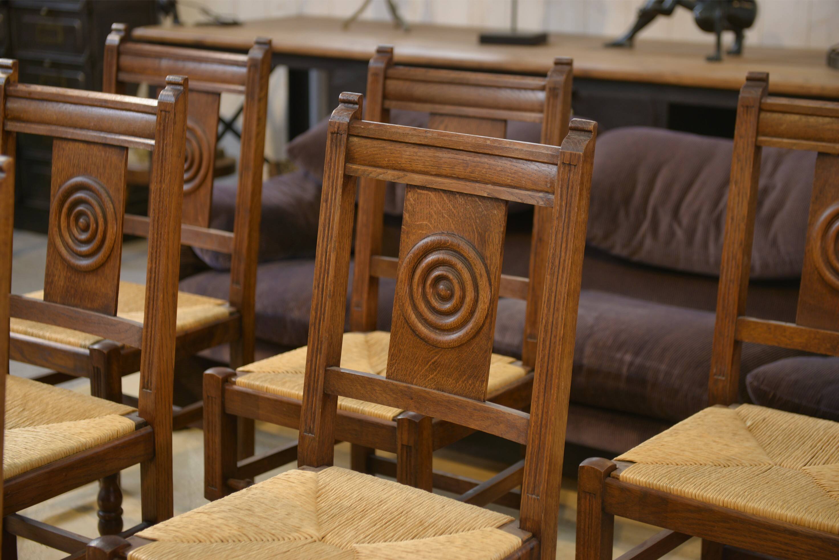 Set of 6 brutalist oak chairs from the 1950s.