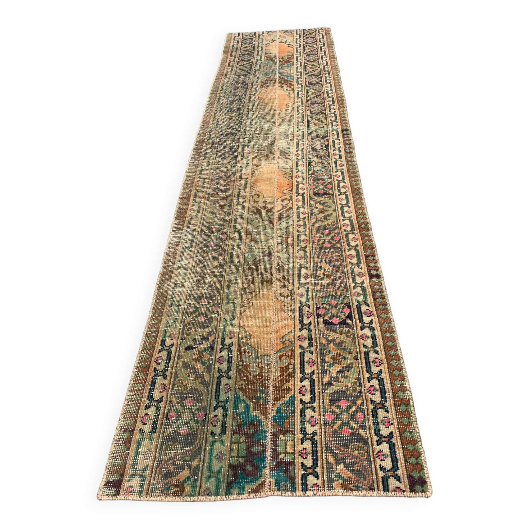 Distressed Turkish Narrow Runner 270x67 cm wool Vintage Tribal Rug