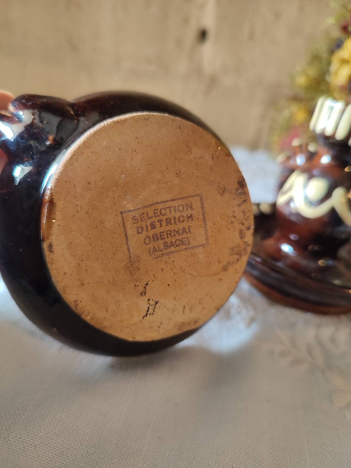 Duo of vintage ceramic candlesticks from Alsace, Obernai