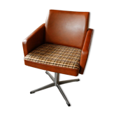 DDR Retro Swivel Armchair (1970s) – Brown Faux Leather & Checkered Seat