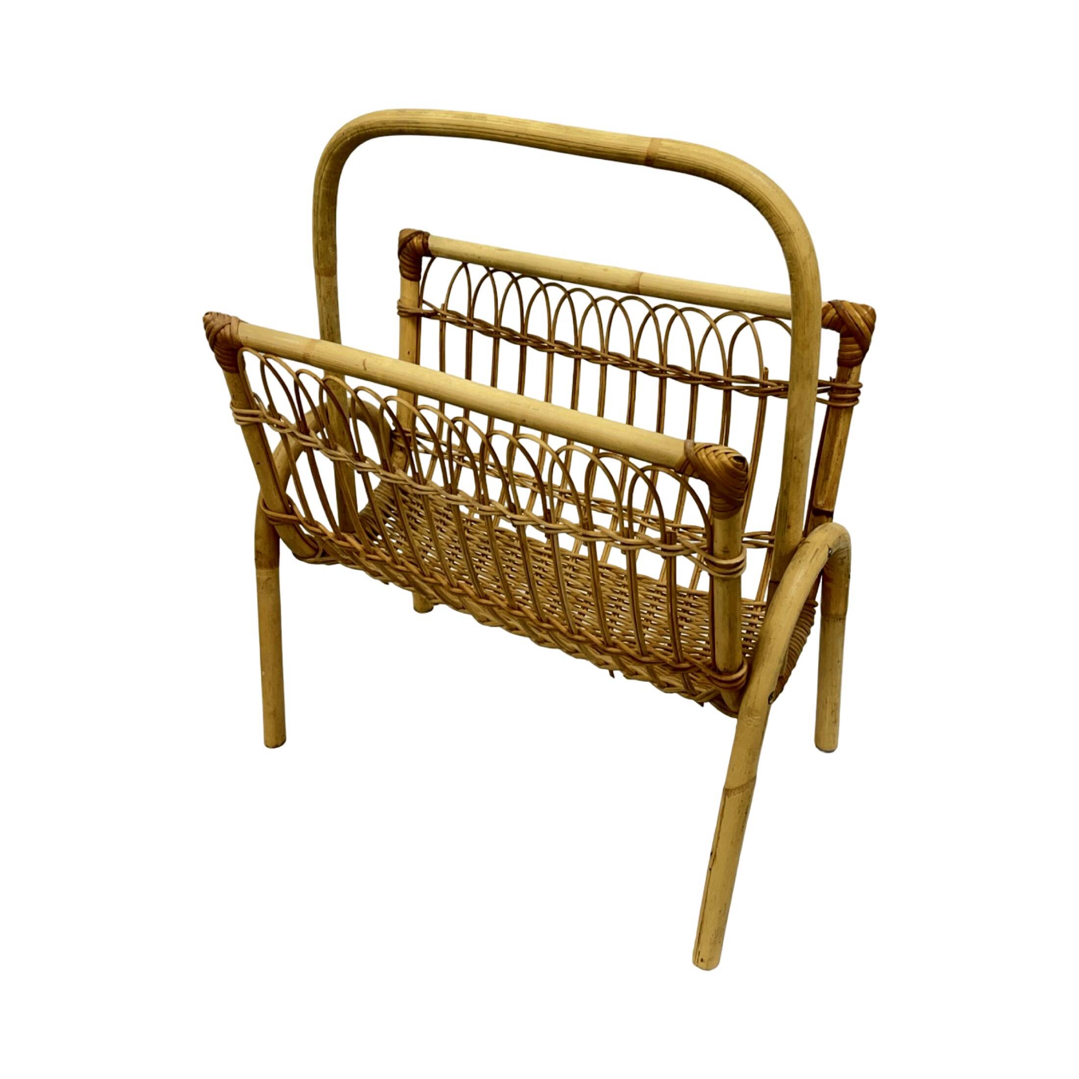 Vintage Wicker Newspaper Rack, Boho/PRL, Franco Albini Style, Italy 1970s