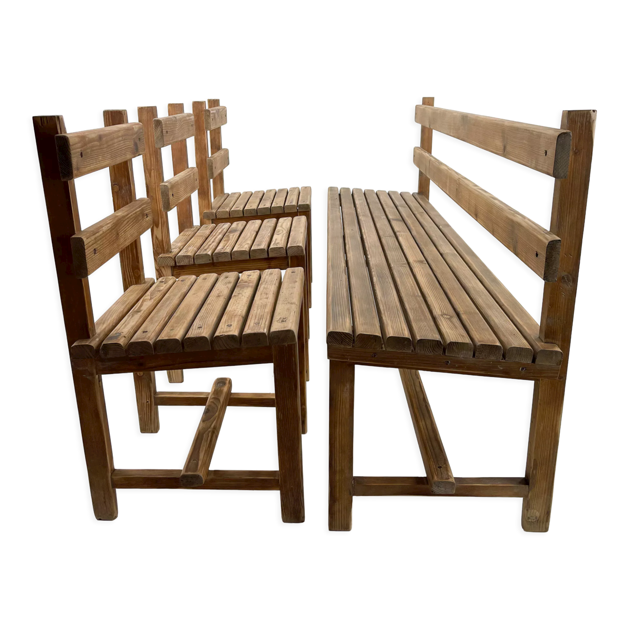 Vintage Wooden Dining Set of Bench & 3 Chairs