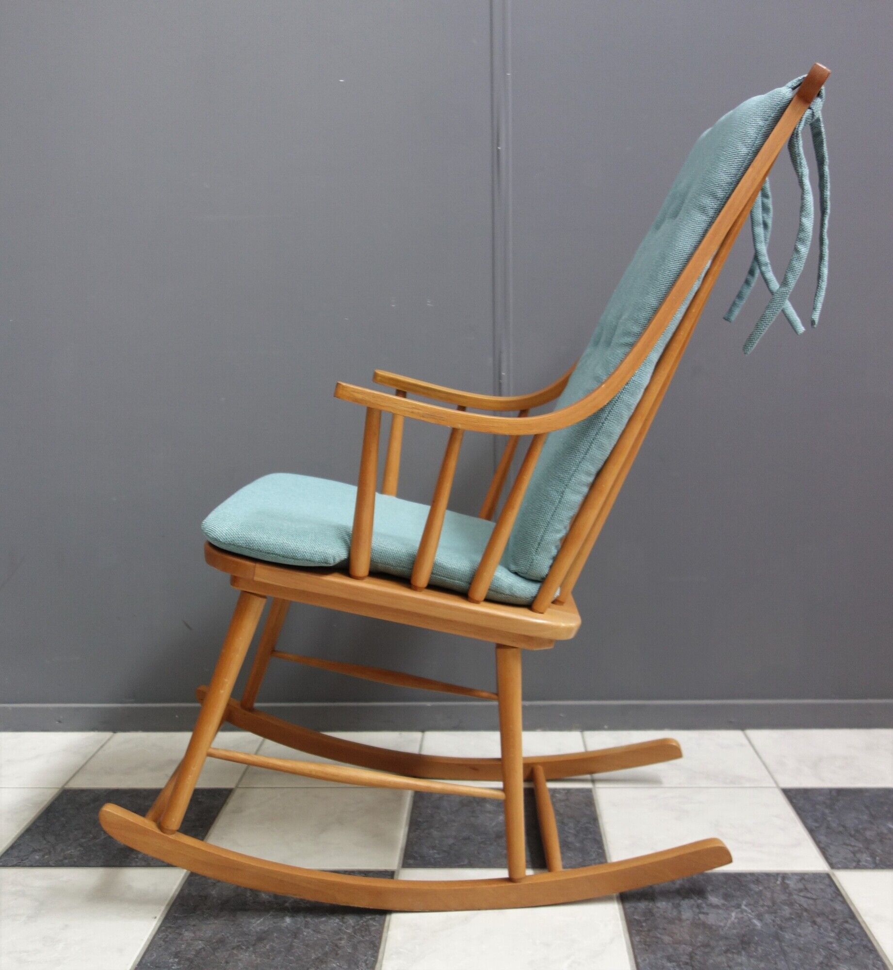 Mid century wooden rocking chair with blue upholstery  1960s