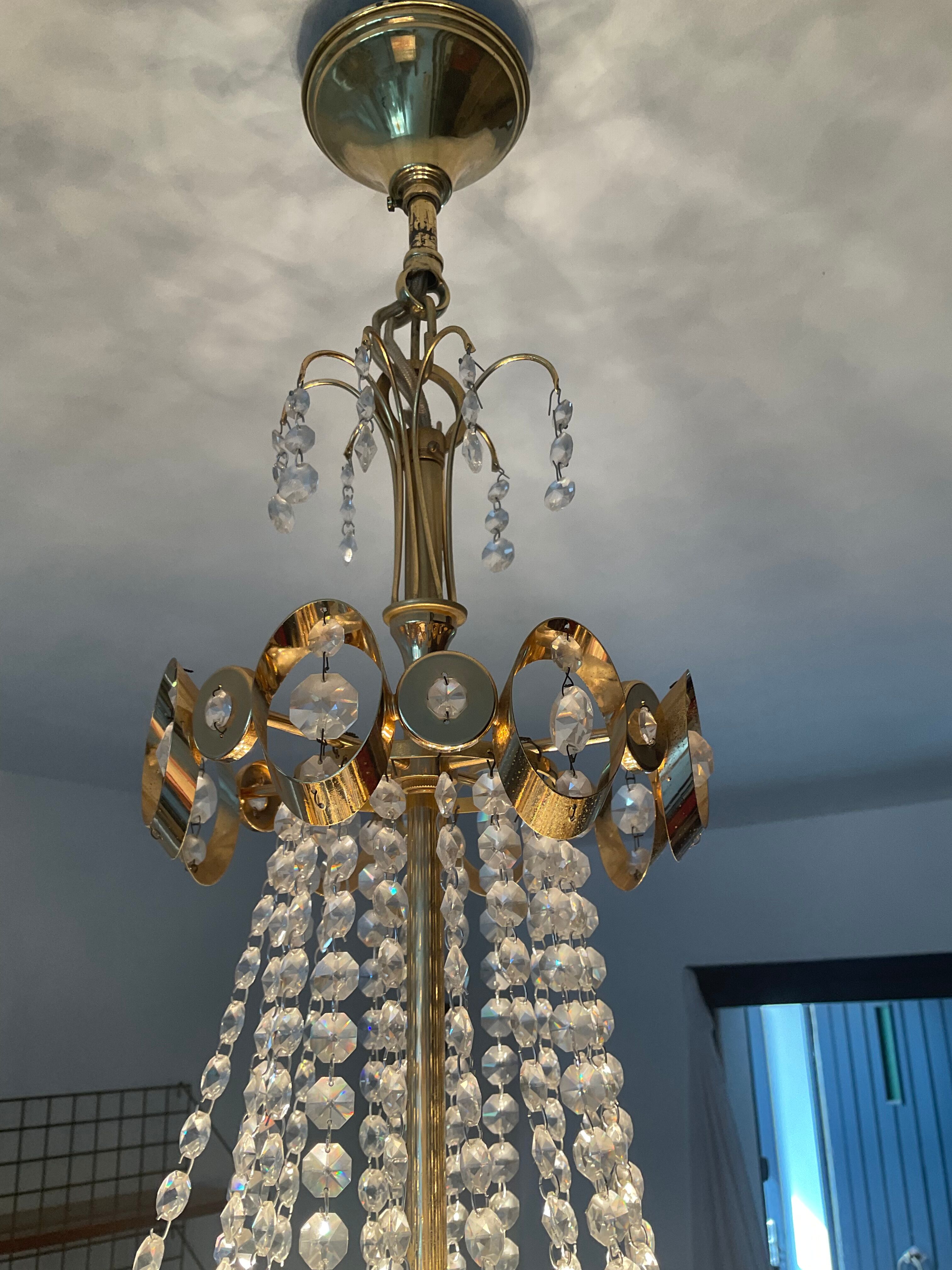 Waterfall chandelier with crystal grapevines and golden aluminum 60s-70s