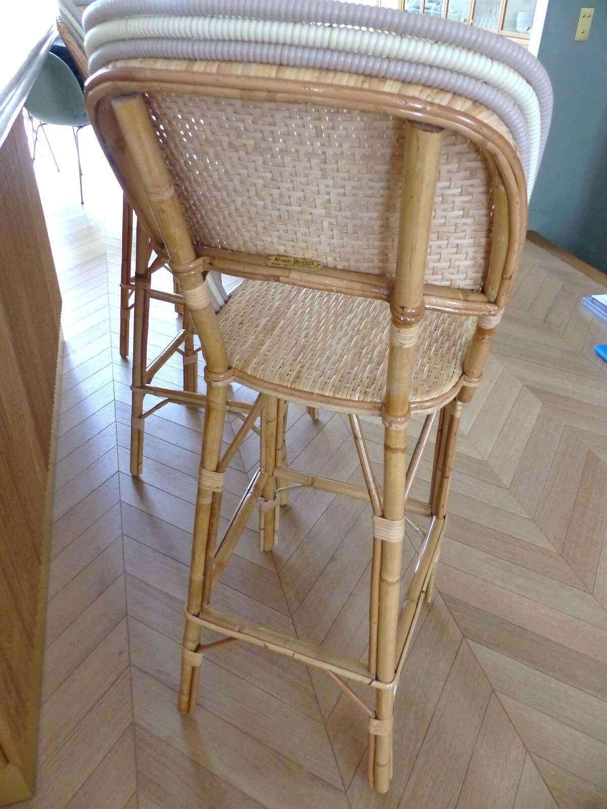 Lot of 3 Maison Louis Drucker light Manila rattan bistro high chairs.