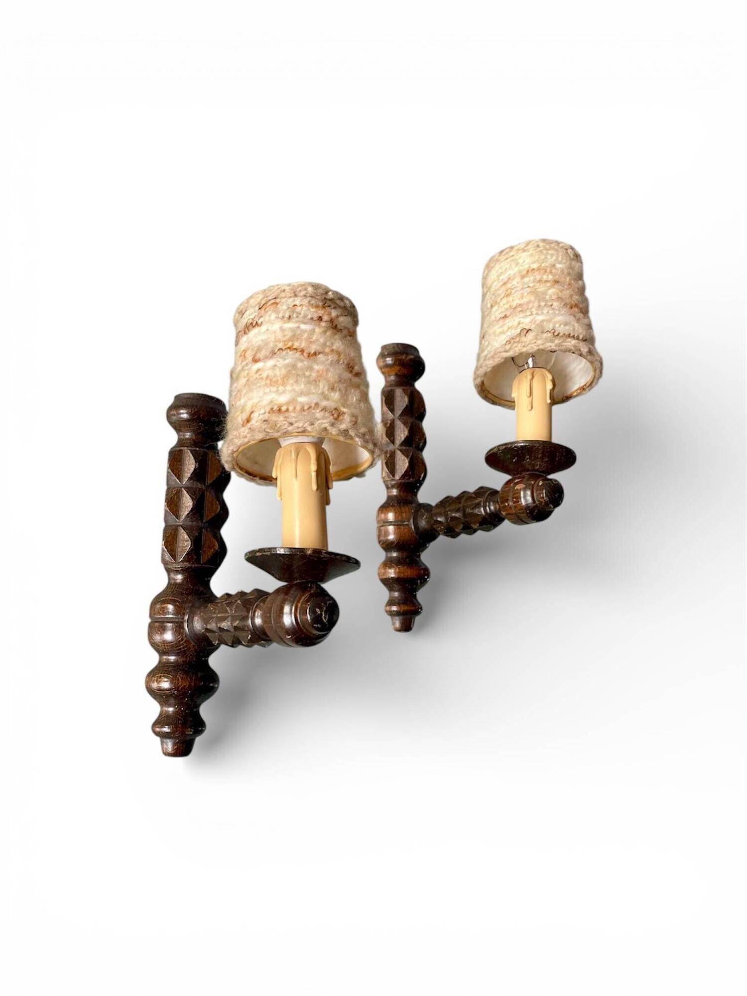 Pair of turned wooden wall lights, France 1940
