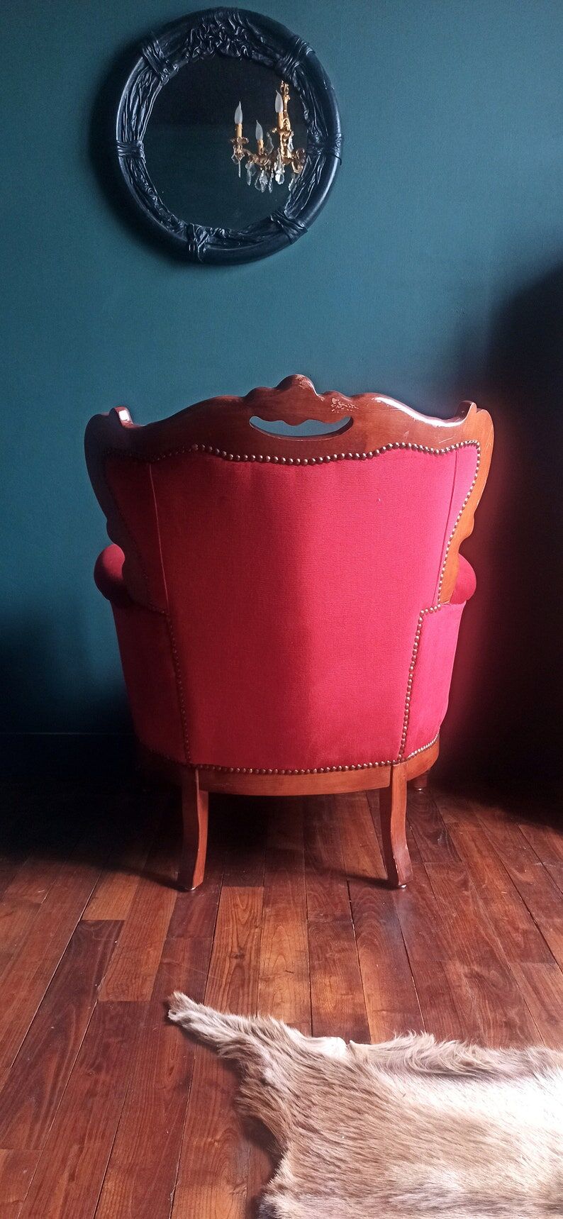 Wooden armchair carved baroque style in burgundy red velvet