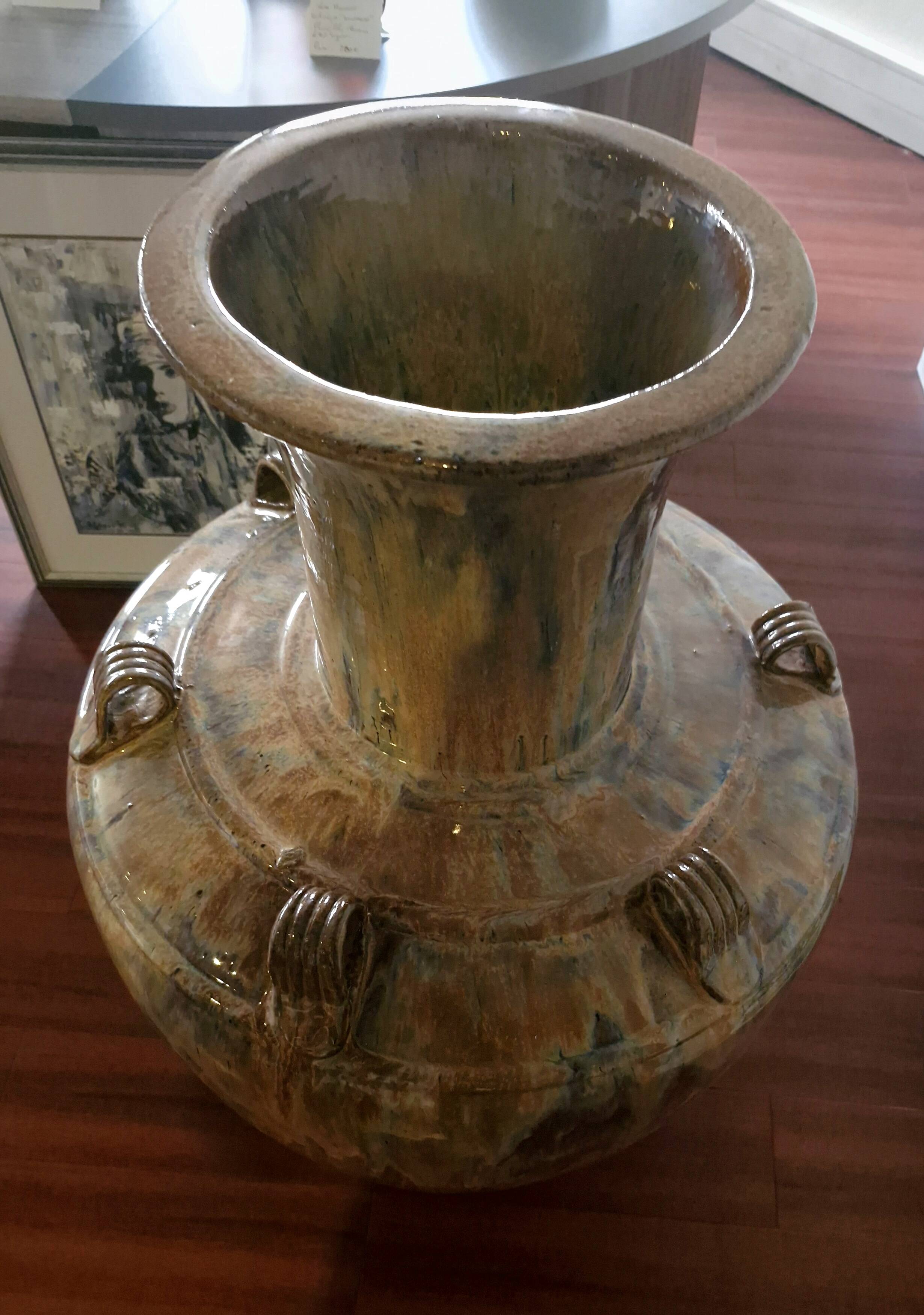 Large handled jar in glazed terracotta