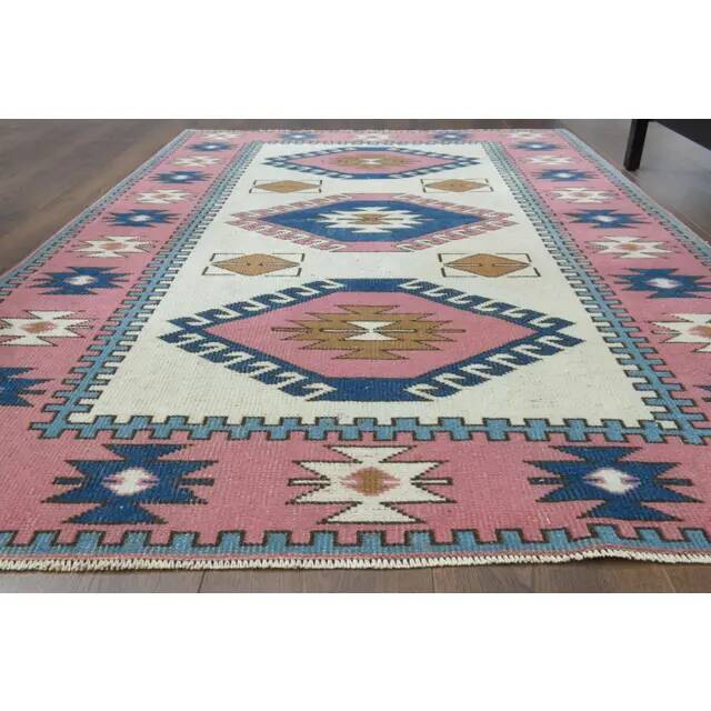 1970s Vintage Turkish Hand-Knotted Wool Cotton Pink Area Rug 120x176