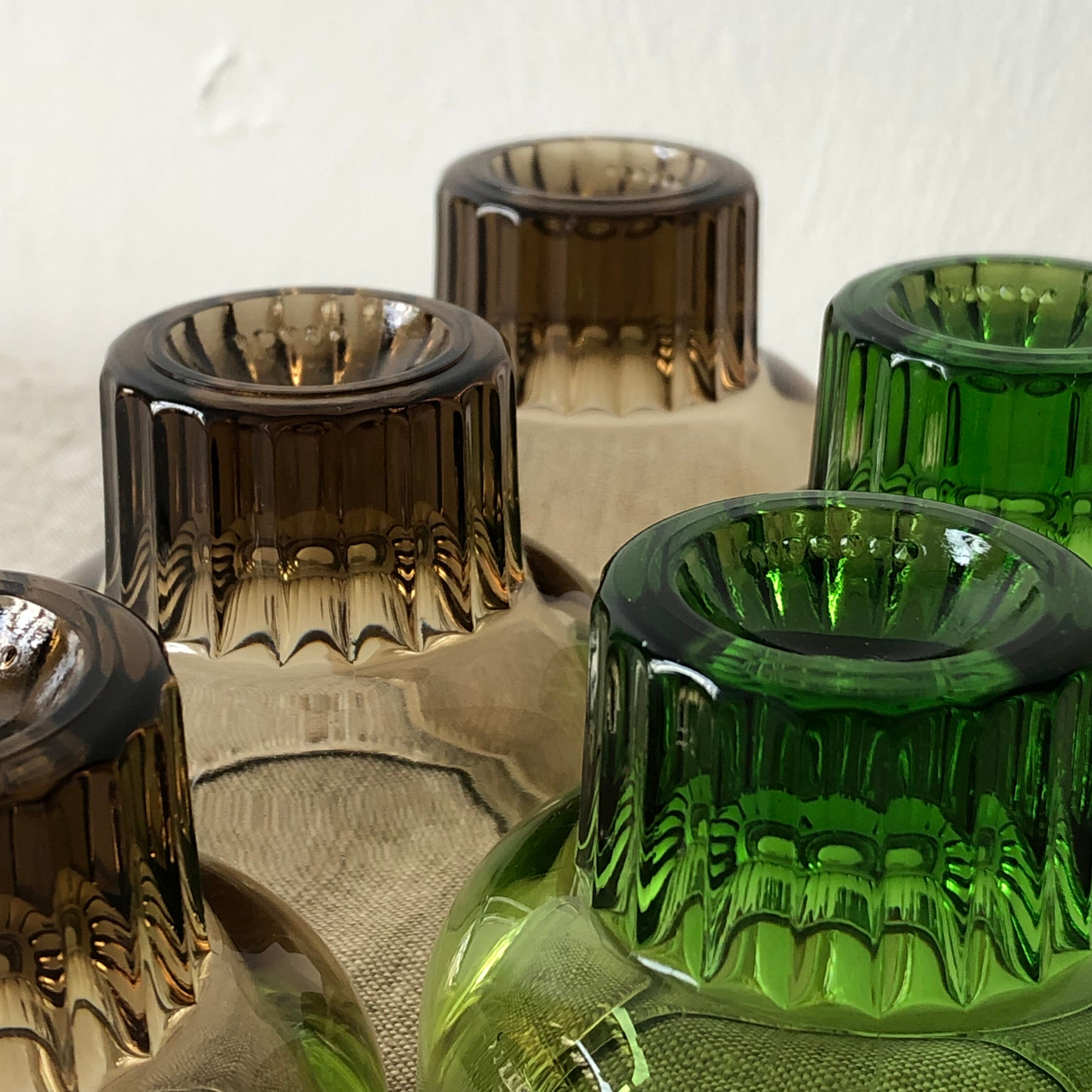 Shooters, translucent brown smoked and green shot glasses, ribbed foot