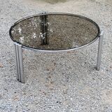 Coffee table design of the 70s smoked glass base chrome Diameter 84cm
