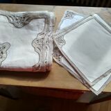Old square tablecloth in bis mixed linen and 6 matching placemats