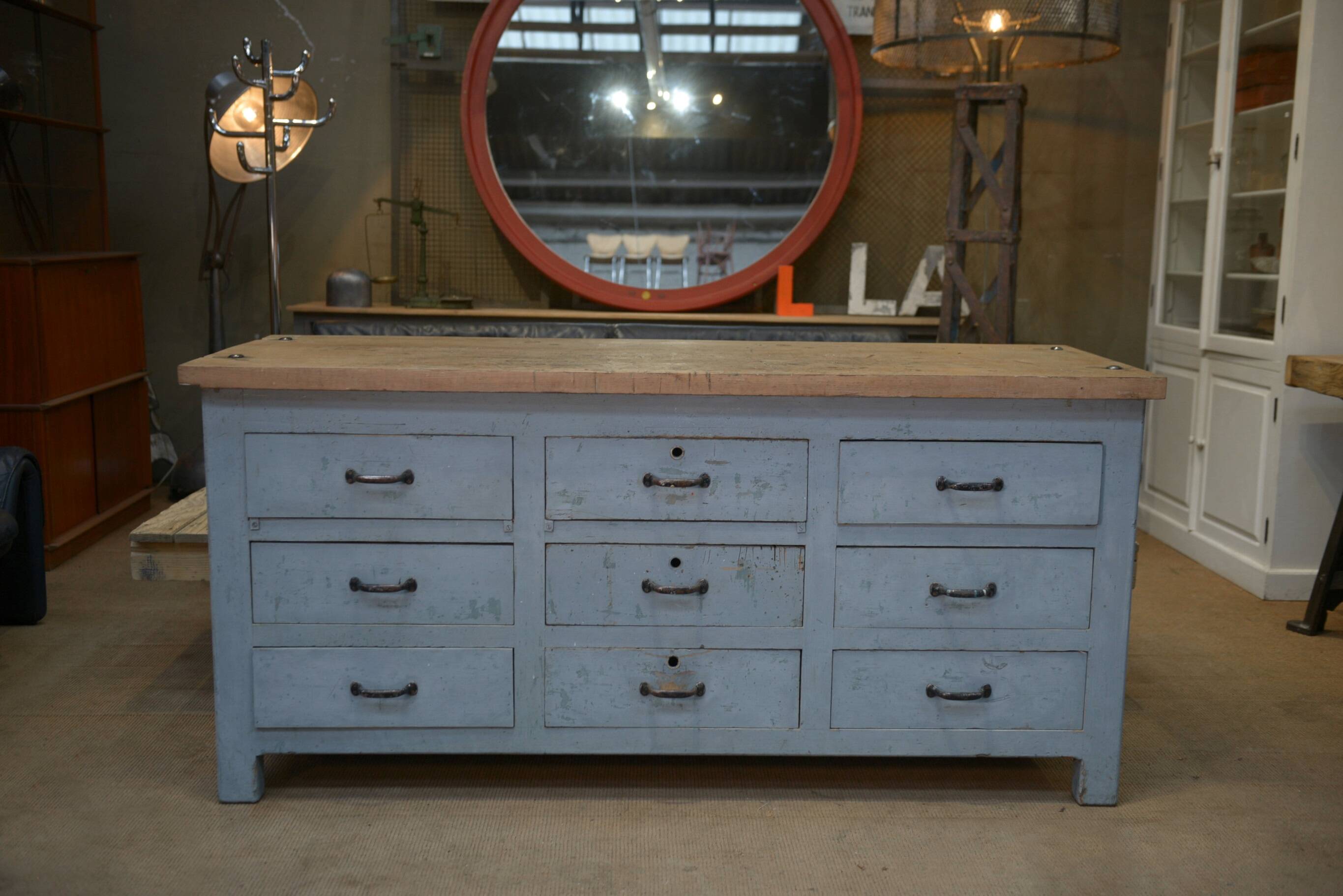 Original 1950s gray patinated 9-drawer craft cabinet