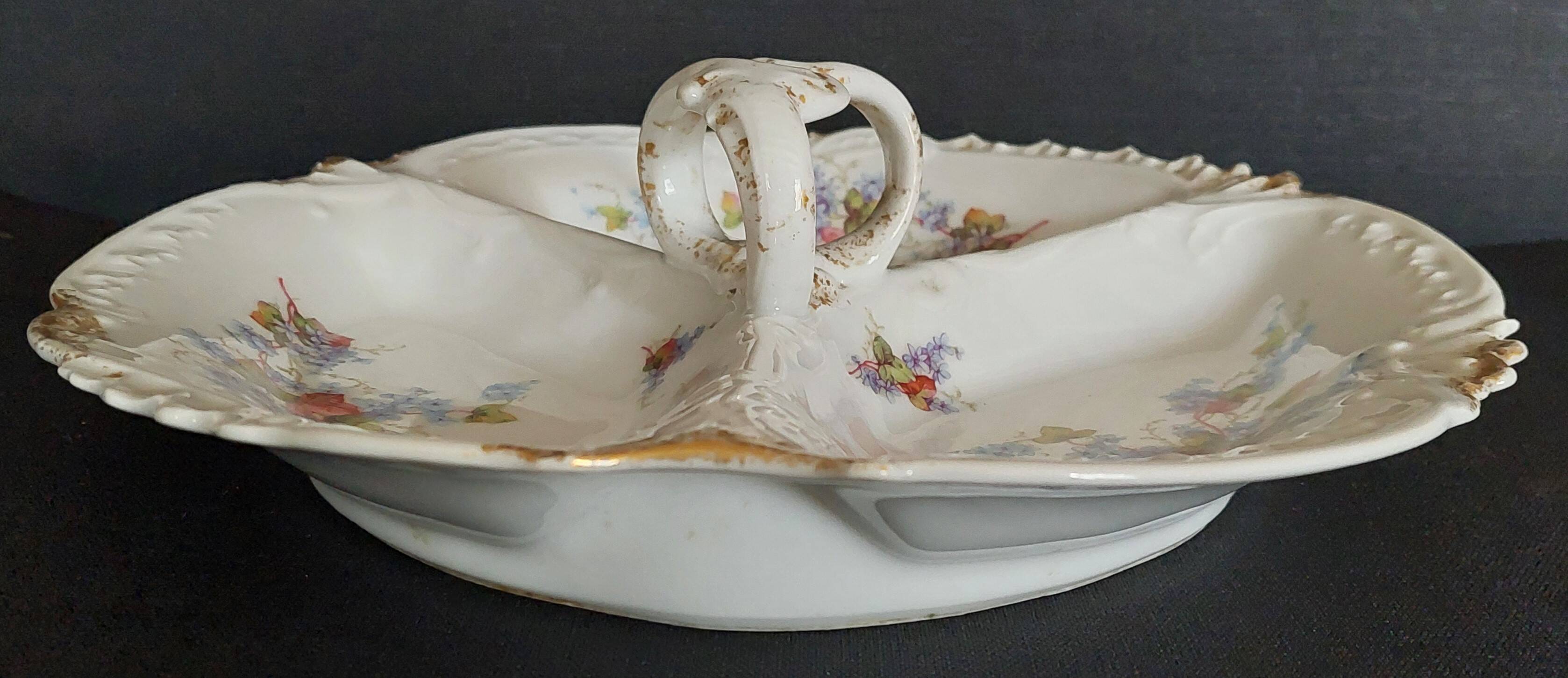 Serving dish beggar porcelain flowered Limoges early 20th century