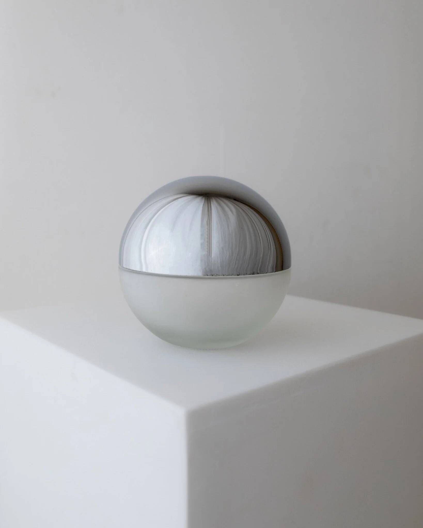 Silver chrome and frosted glass Space-Age liqueur bottle, 1980s Italy, decorative decanter