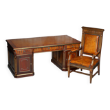 Restored antique Russian hardwood partner desk and leather armchair.