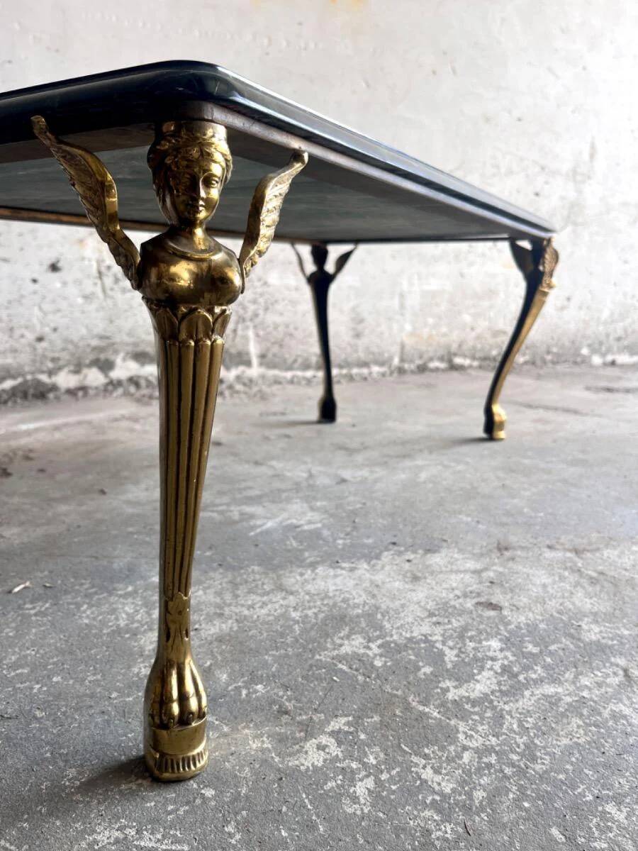 Vintage Dark Green Marble Coffee Table with Gilded Metal Ornate Legs, Mid-Century