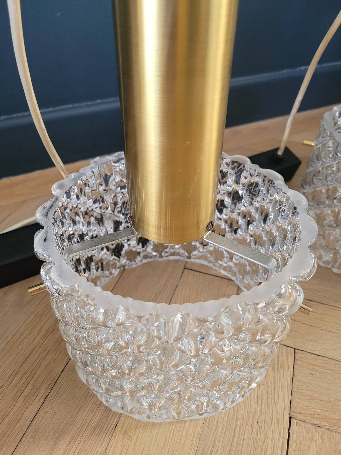 Vintage pendant chandelier in molded glass and brass