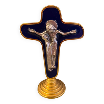 Table crucifix with lazuli blue enamel with christ silver metal and golden base