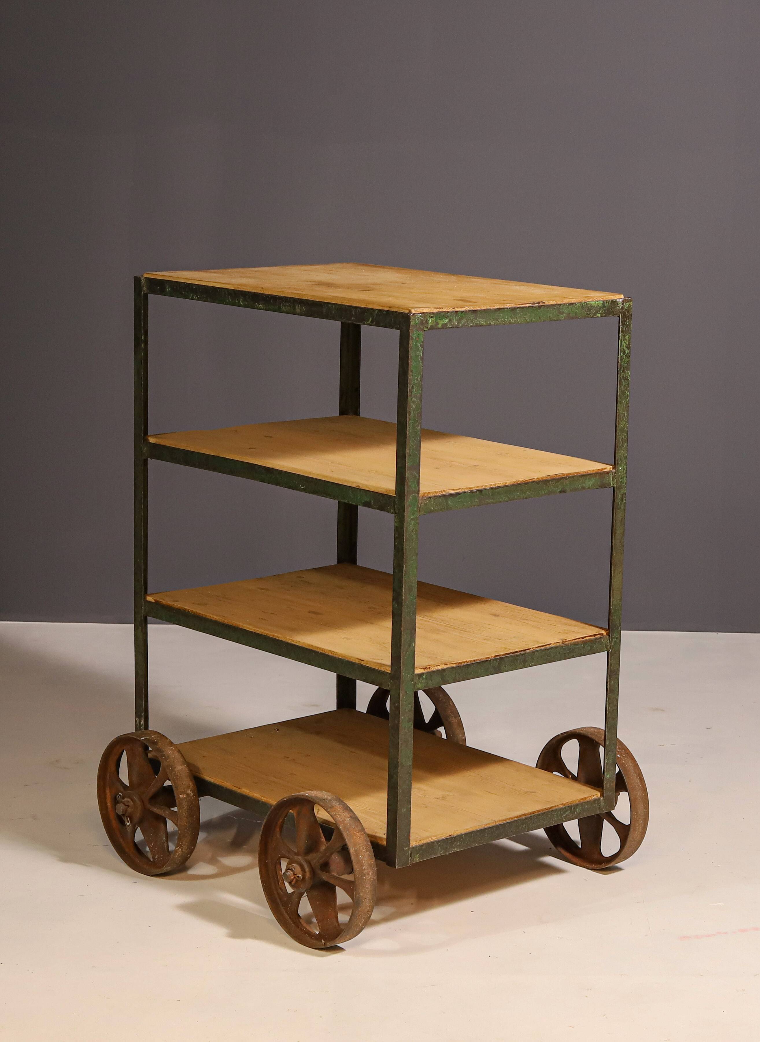 Vintage industrial shelf on wheels from the 1960s, Czechoslovakia