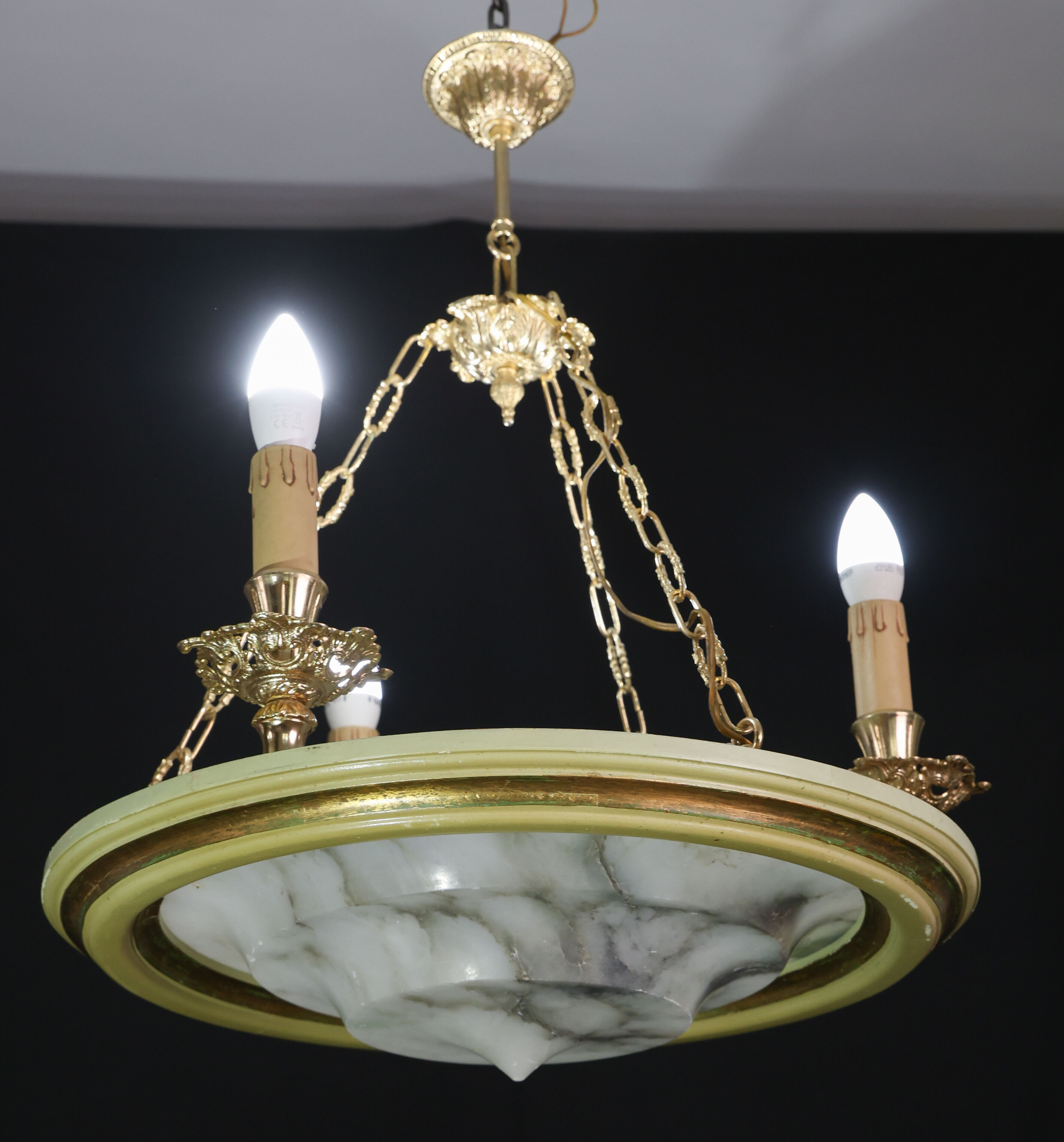 Masterpiece Art Deco design white alabaster chandelier circular wooden fram
