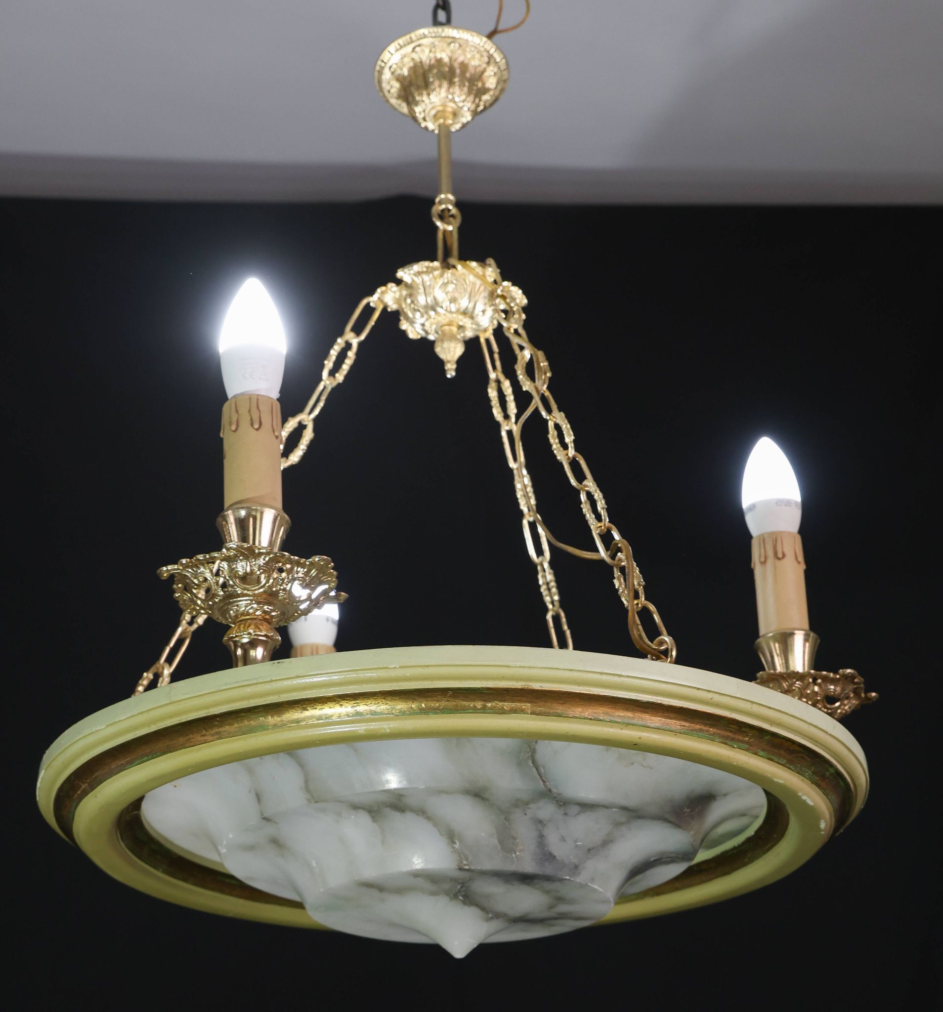 Masterpiece Art Deco design white alabaster chandelier circular wooden fram