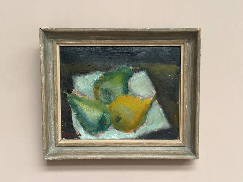 Swedish Original Oil on Panel – "Pears" by Elfrén – Signed – Vintage and Framed