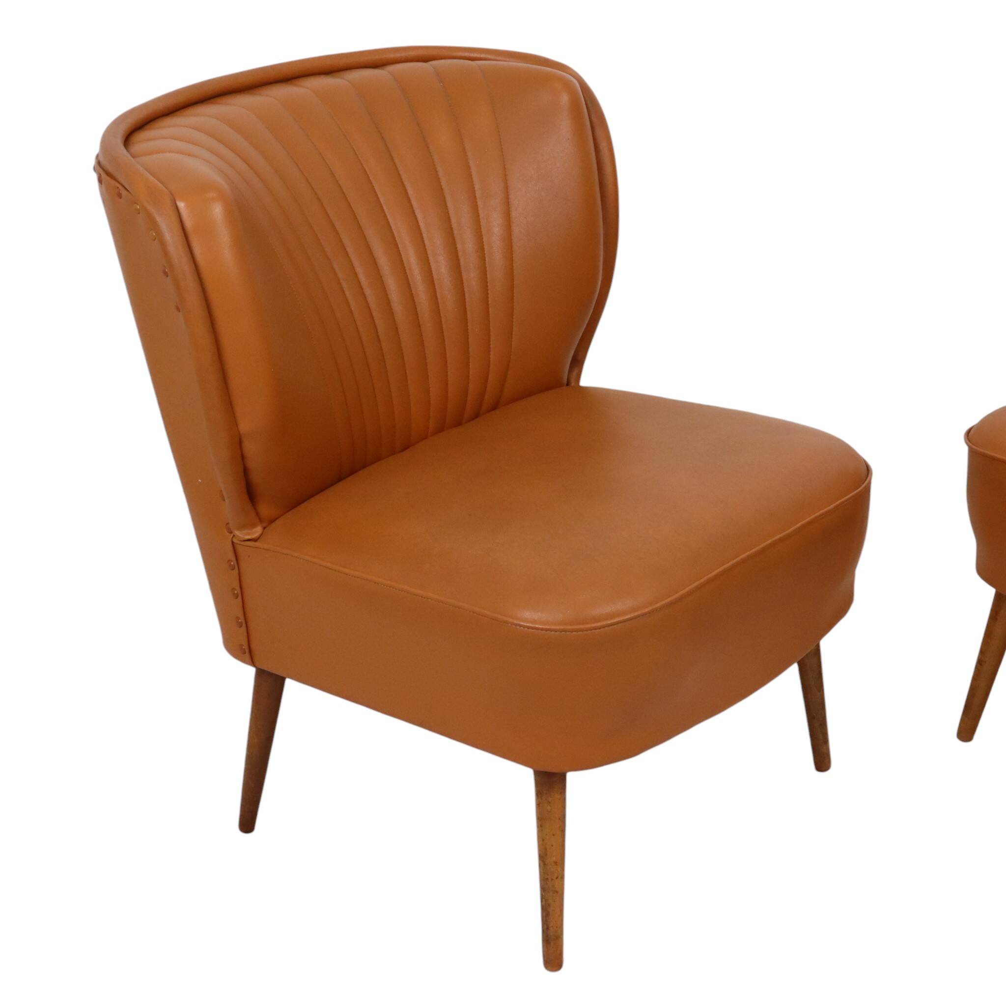 Pair of Vintage Expo 58 Cocktail Chairs, Cognac Faux Leather, Sixties