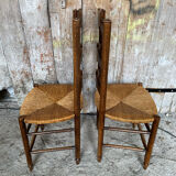 Pair of Rustic Antique Turned Wood Chairs + Woven Straw Seat Wine