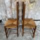 Pair of Rustic Antique Turned Wood Chairs + Woven Straw Seat Wine
