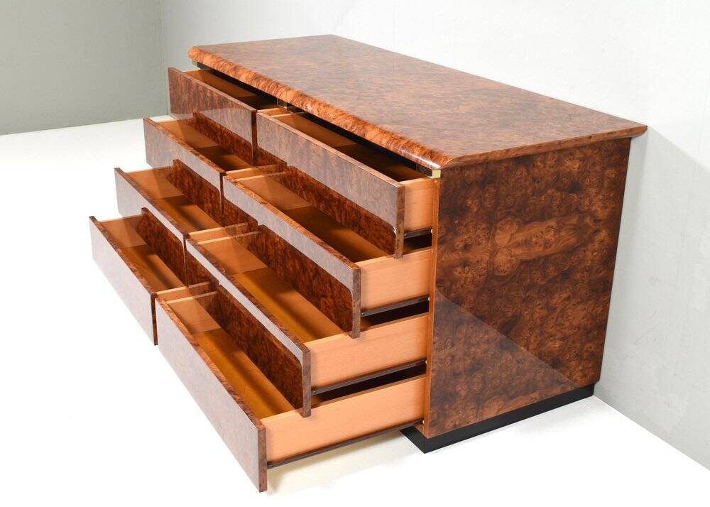 Italian drawer credenza in high gloss burl and brass, Italy, 1970s