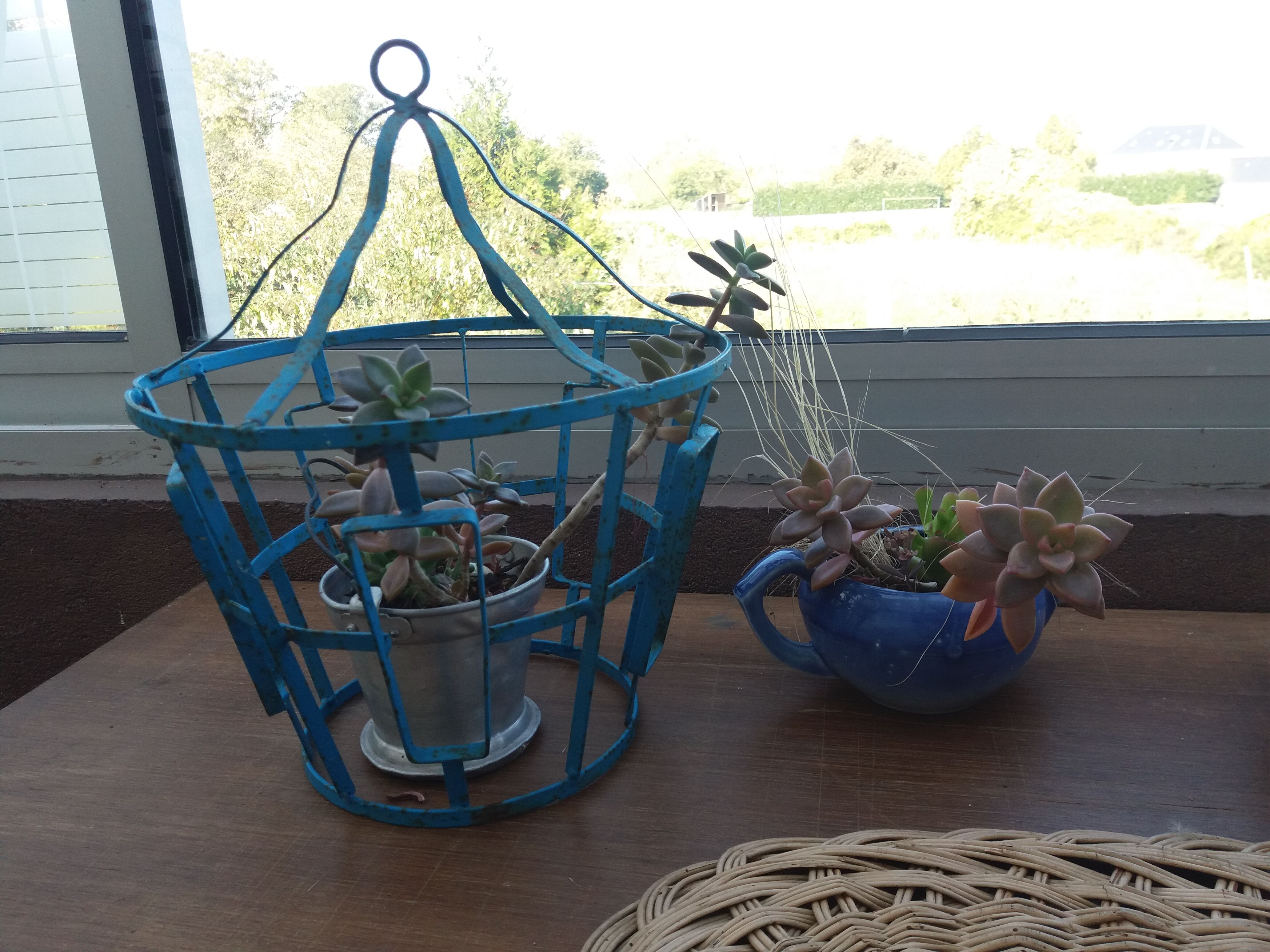 Suspension cage lamp in turquoise metal