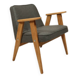 Fauteuil du milieu du siècle, revêtement en laine grise, bois de chêne, chaise longue de Style Vintage après rénovation