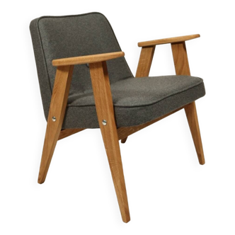 Fauteuil du milieu du siècle, revêtement en laine grise, bois de chêne, chaise longue de Style Vintage après rénovation