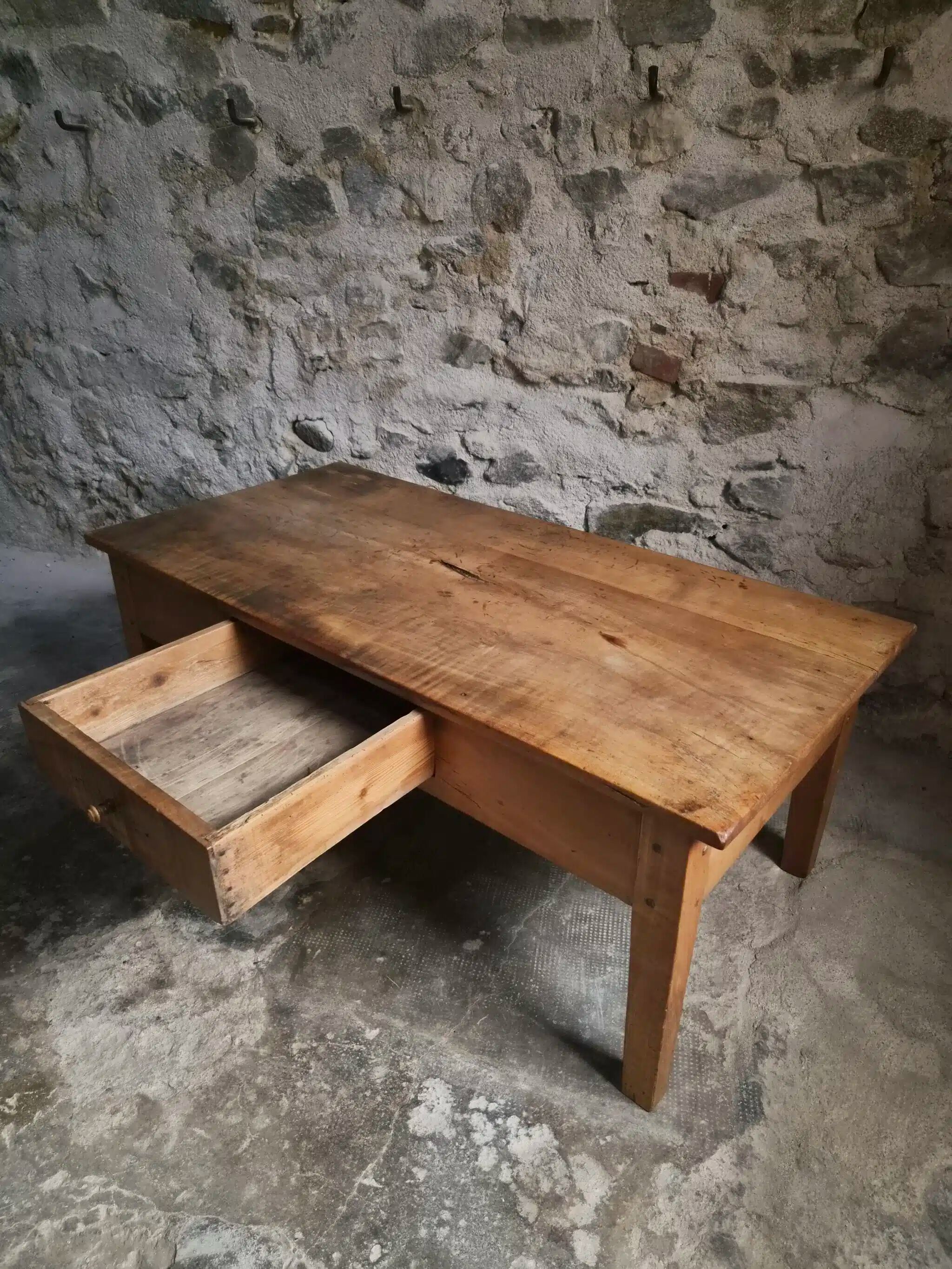 Antique French coffee table, 18th-century cherry farmhouse table with a drawer.