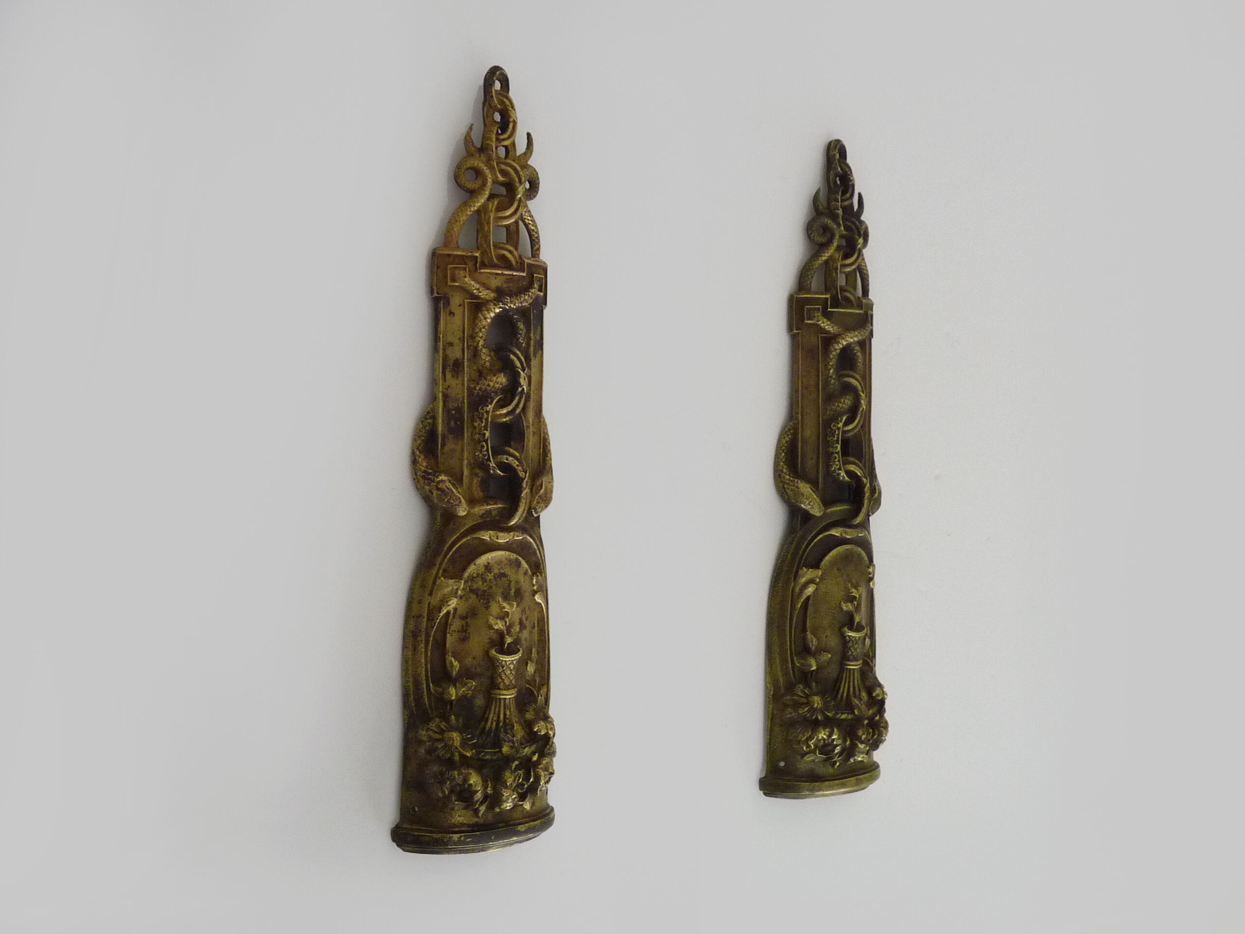 Pair of pharmacy storefront, doctor, caduceus bronze medicine. Early twentieth century