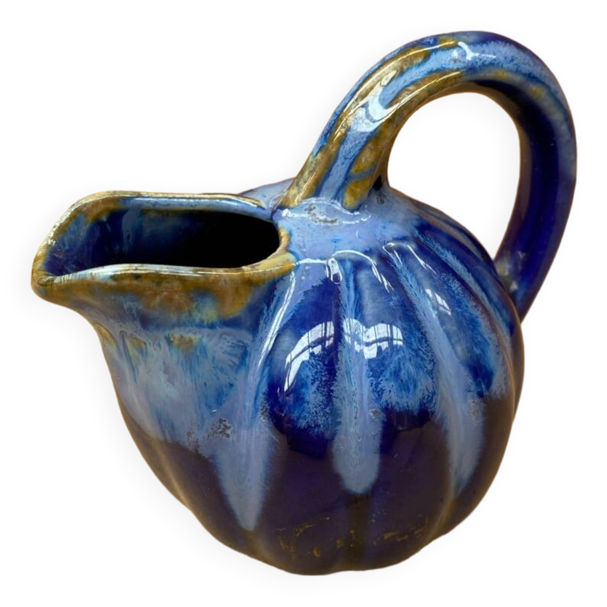 Antique alphonse mouton melon pitcher flamed ceramic blue vintage