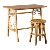 Wood and rattan desk and its seat
