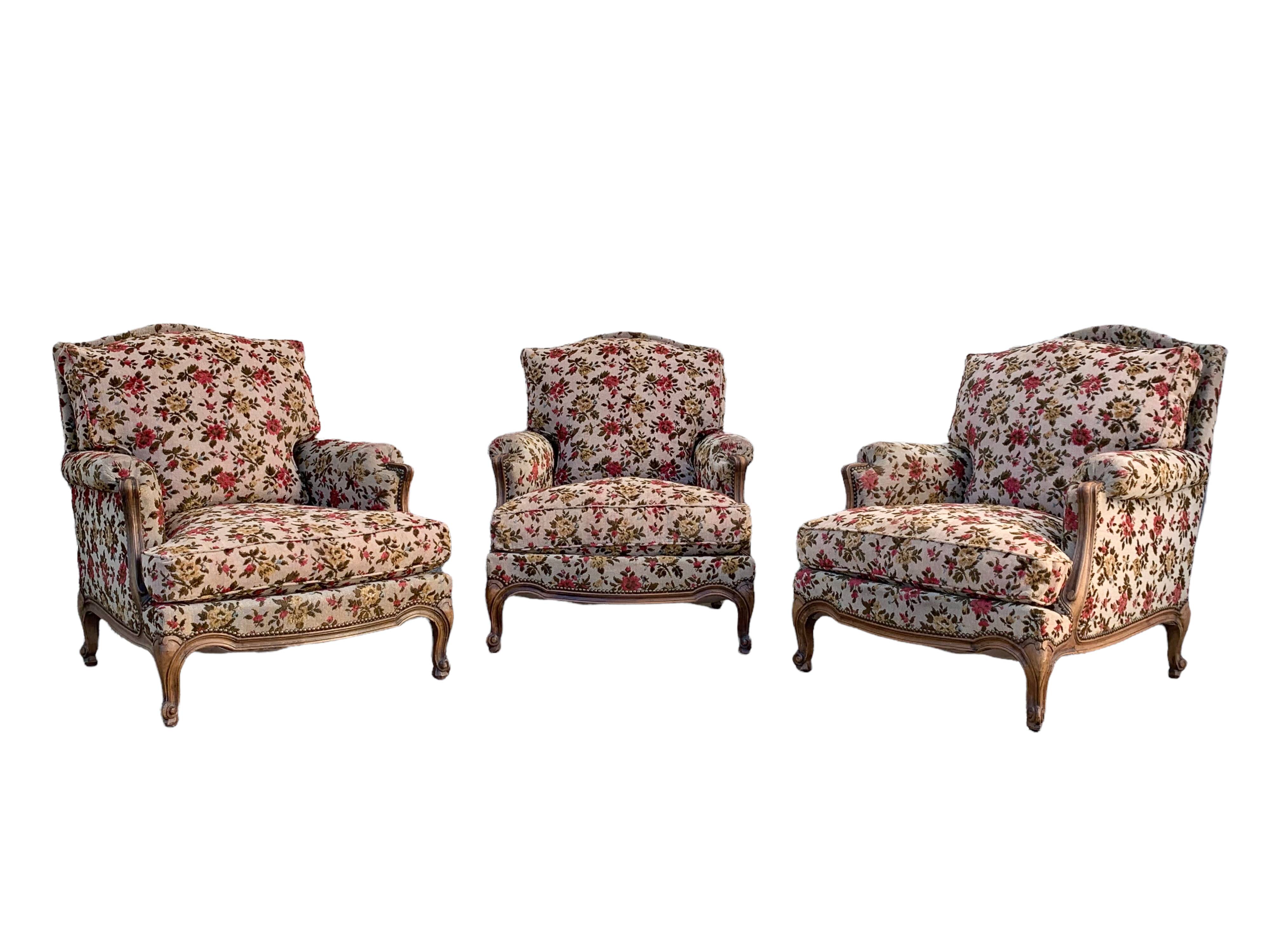 Old shepherdess armchairs louis XV style flocked fabric flower