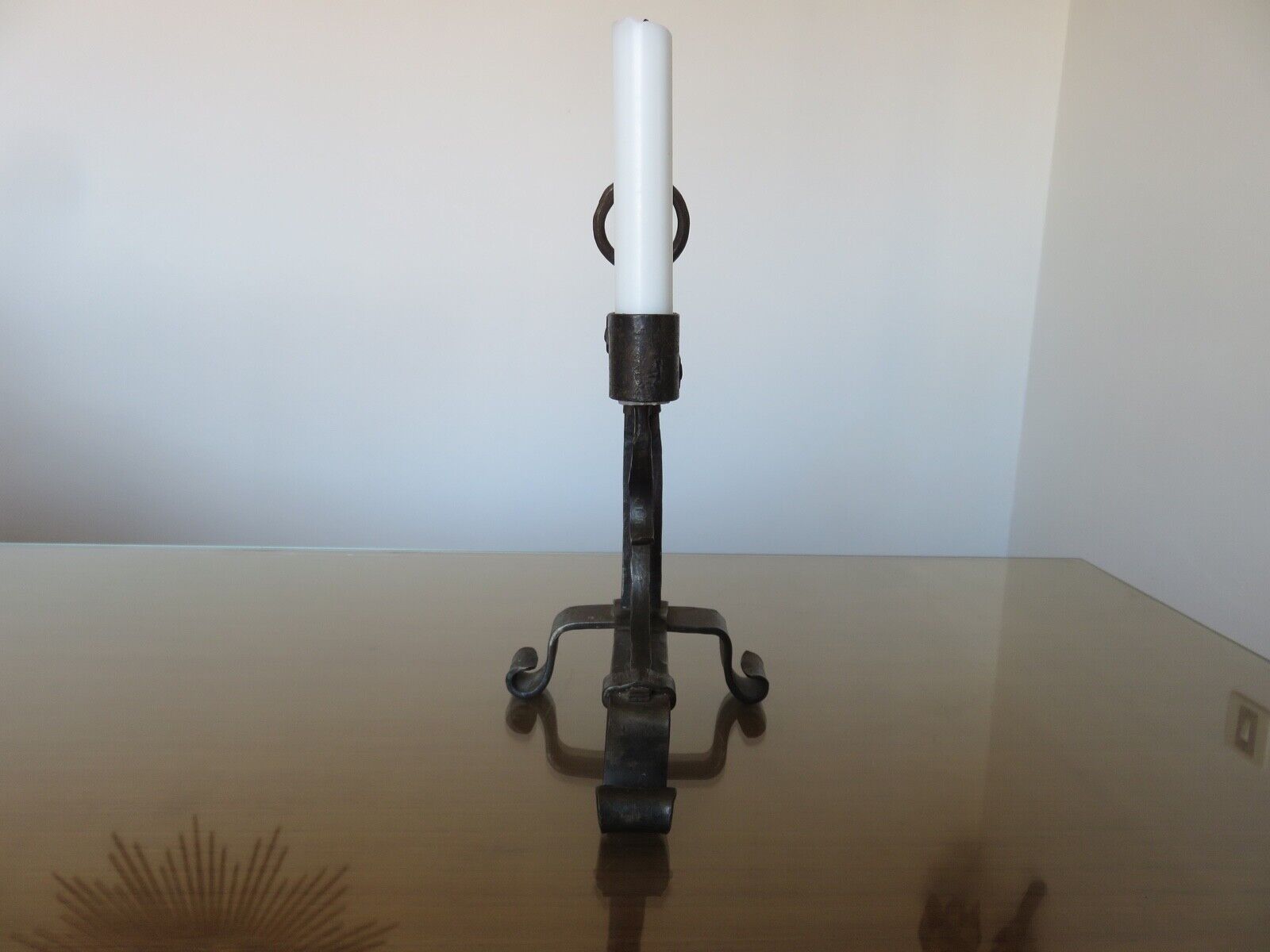 Brutalist candle holder to install or wall in blackened wrought iron blackened 40s 50s