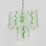 Lustre Mid-Century italien à plaques de verre suspendue décor vert