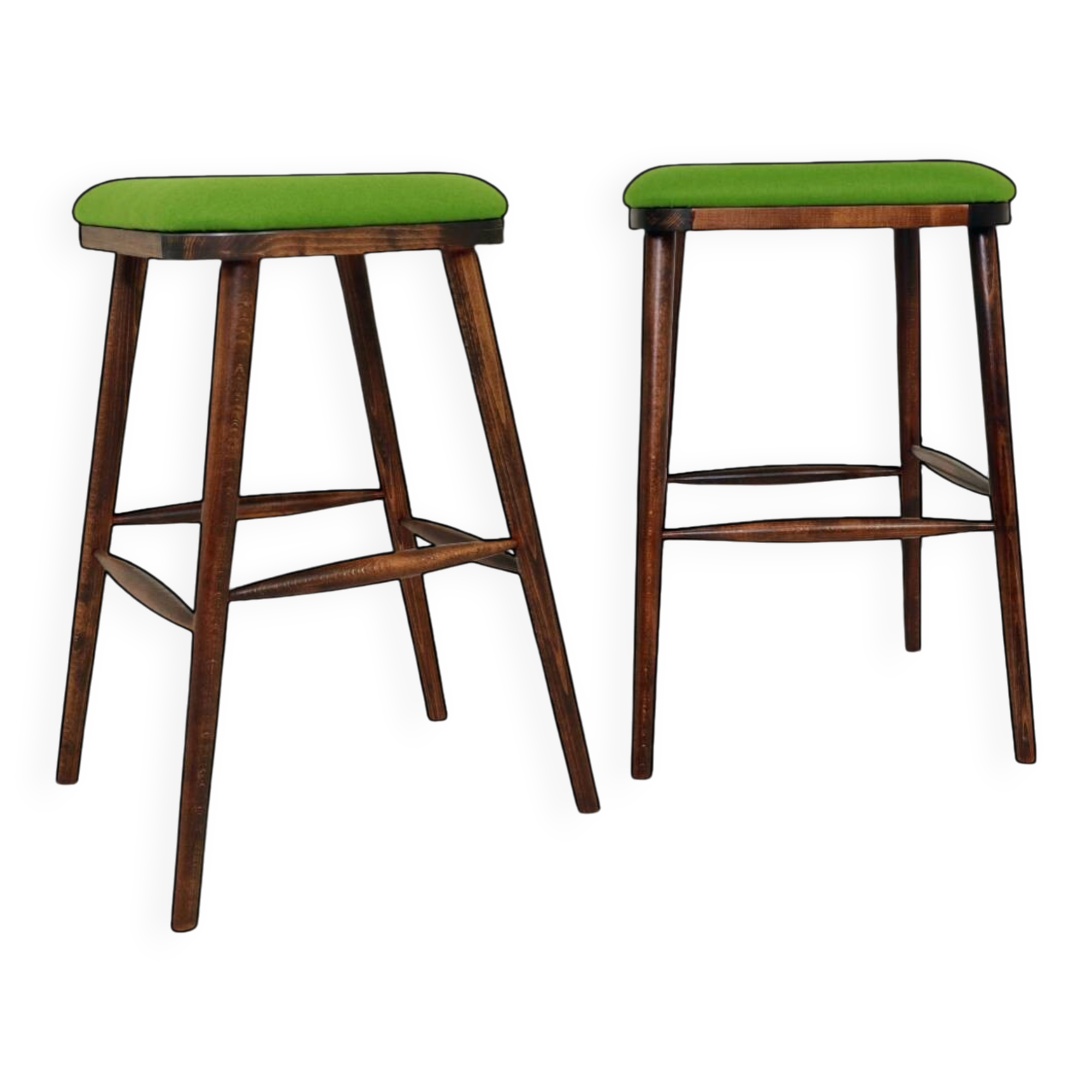 A pair of wood bar stools- Green premium wool - Rustic style/MCM