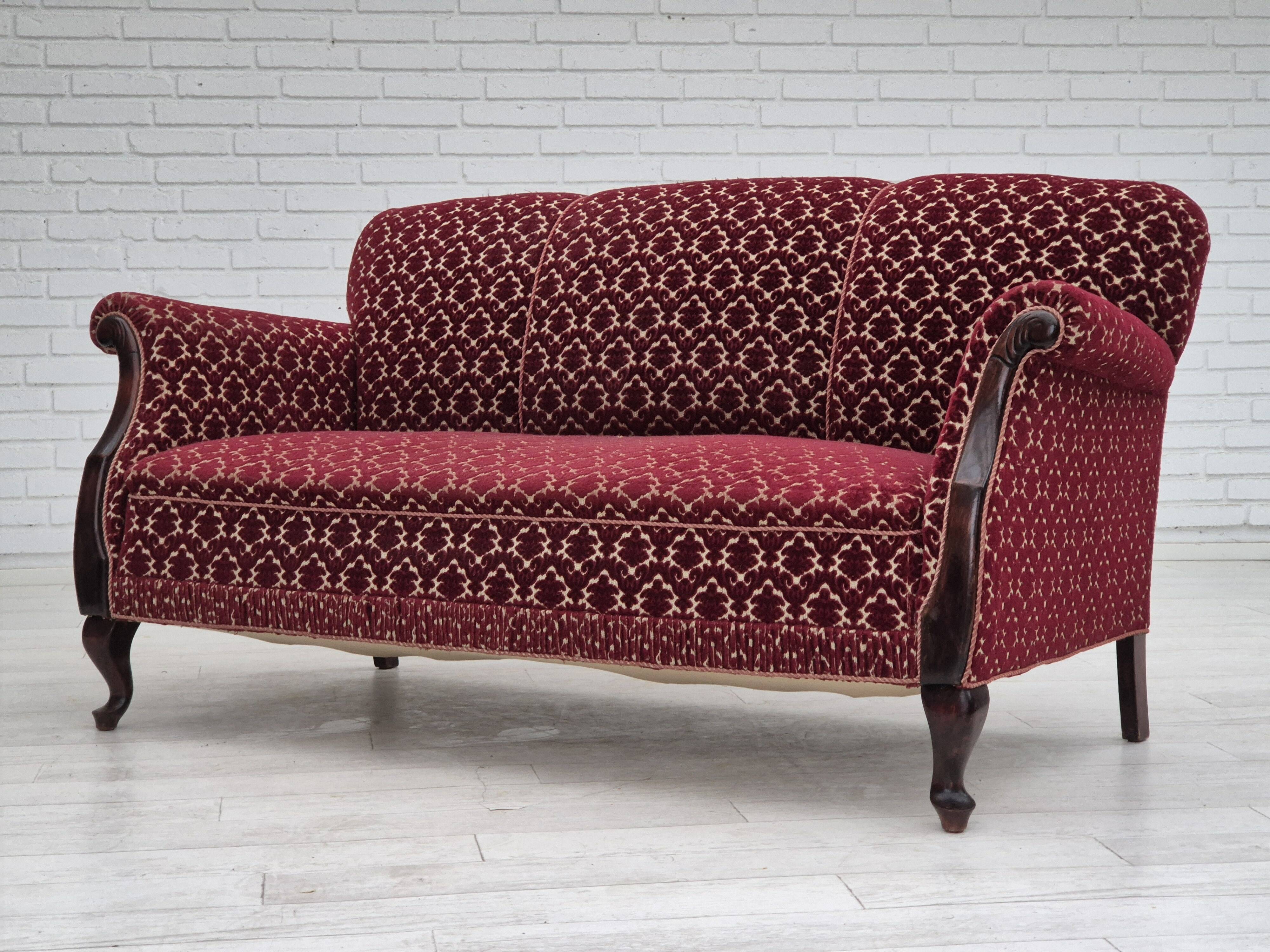 1950s, Danish 3 seater sofa, original condition, furniture velour, beech wood.