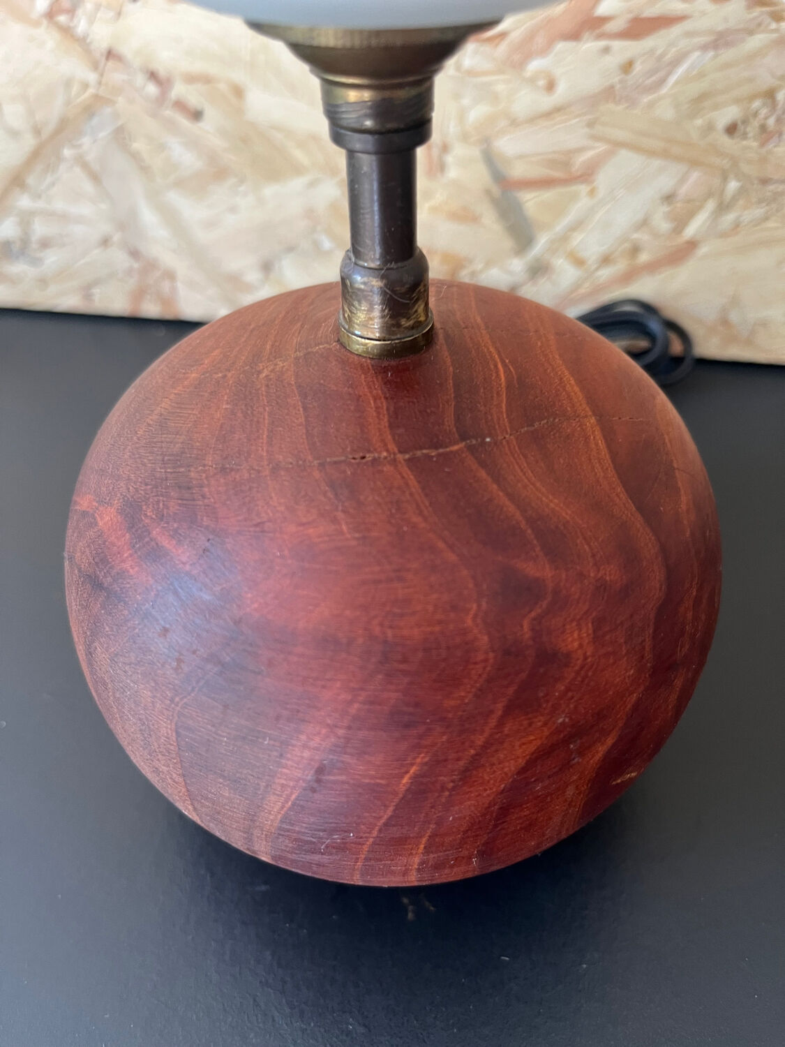 Small model wooden ball lamp with molded glass tulip