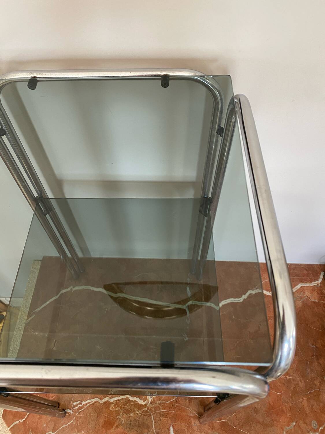 Chrome and smoked glass side table