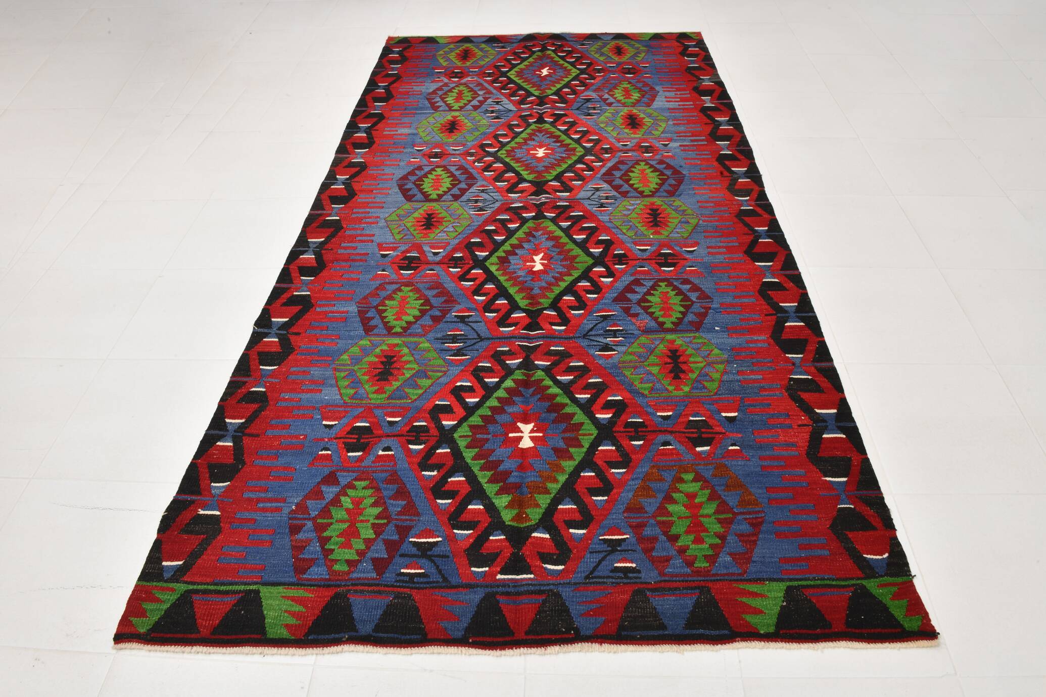 Geometric Blue & Green Vintage Kilim Rug, 154x305Cm