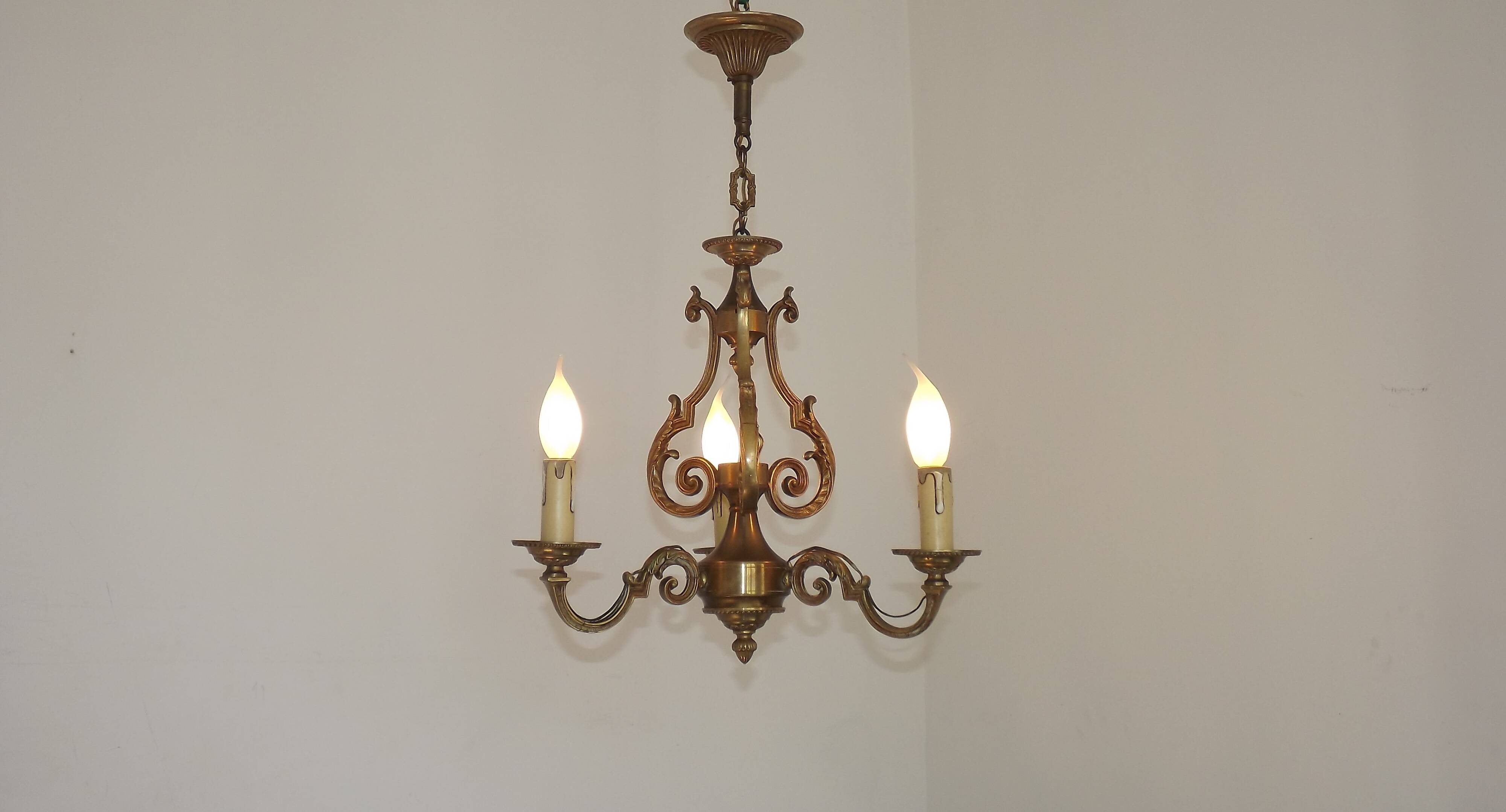 French Vintage Bronze Art Nouveau Style 3-Light 3-Sided Cage Chandelier
